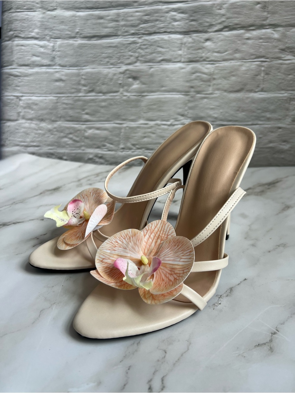 Elegant Cream Floral Orchid Strap Heels - Women Shoes